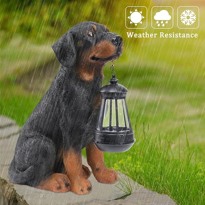 Garden Dog Statues Outdoor Decor, 13" Solar Powered LED Lights Outdoor Statue Garden Decorations Rottweiler Figurine for Patio, Lawn, Yard Decor, Valentines Day Gifts, Housewarming Garden Gift
