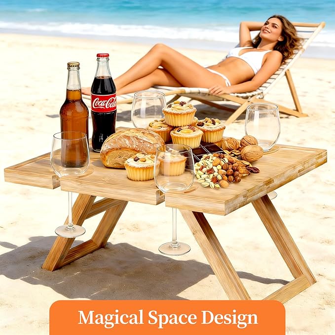 Portable Picnic Table, Folding Wine Picnic Table with 5 Wine Glasses Holder, Small Champagne Snack Cheese Table for Camping Beach Park