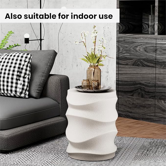 SUNBURY Outdoor Side Tables Set of 2, 18" H Concrete Accent End Table Streamlined, Small Round Cement Plant Stands Table, Decorative Garden Stools for Backyard, Spotted White
