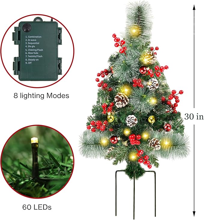 Juegoal 2 Pack 30 Inch Pre-Lit Pathway Christmas Trees, Upgrade Artificial Xmas Urn Filler with 60 LED Lights, Red Berries and Pine Cones Ornaments, Battery Operated Holiday Décor for Driveway, Yard