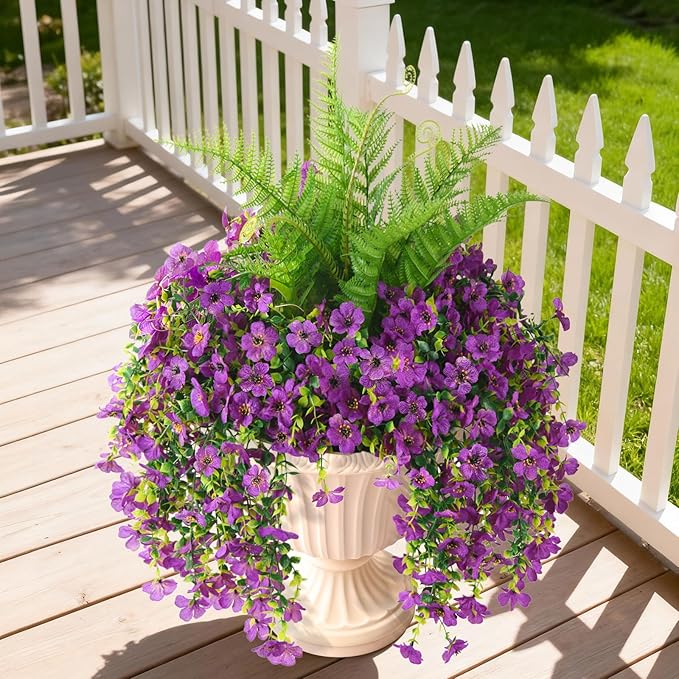 Artificial Fake Hanging Flowers for Outdoors, Silk Daisy with Articial Boston Ferns Plants Set, Realistic Spring Fake Outdoor Flowers UV Resistant Porch Patio Yard Decor