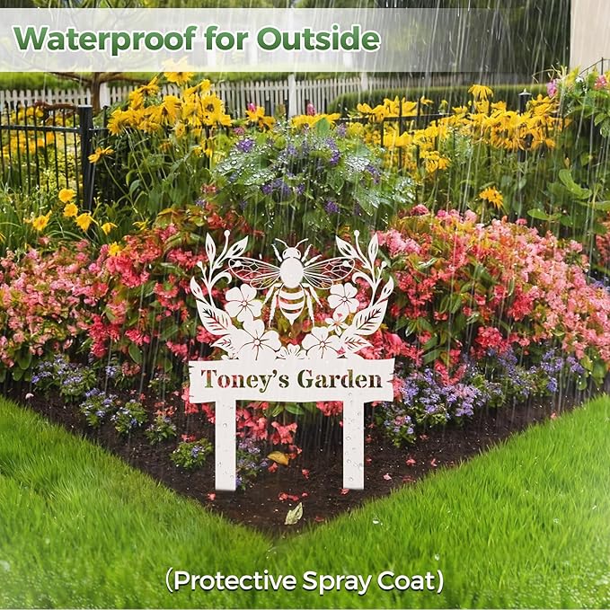 Personalized Metal Garden Sign, Custom Flower Decor with Stake, Bee Metal Yard Art, Garden Name Sign,Outdoor Decor,Patio Decoration,Home Present,Gardeners & Planters Gift