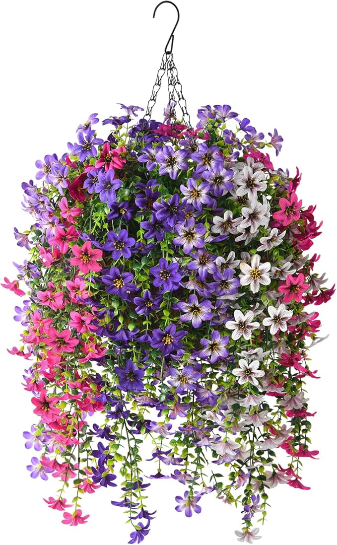 INQCMY Artificial Fake Hanging Plants Flowers Basket for Spring Outdoor Outside Porch Decoration,UV Resistant Faux Silk Flower in Planter for Home Patio Balcony Garden Yard Decor,Mixed Color