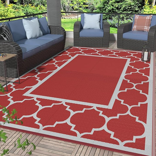 GENIMO 6' x 9' Outdoor Rug Waterproof for Patio Decor, Foldable Reversible Plastic Straw Area Rugs Mat for Camper, Outside Carpet for Rv, Deck, Porch, Picnic, Beach, Balcony, Red & White