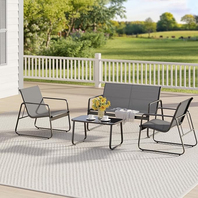 Gizoon 4 Piece Patio Furniture Set, Outdoor Conversation Set, with Glass Coffee Table, Loveseat, 2 Single Chairs, All Weather Textile Fabric, for Backyard, Balcony, Lawn, Garden, Poolside, Grey