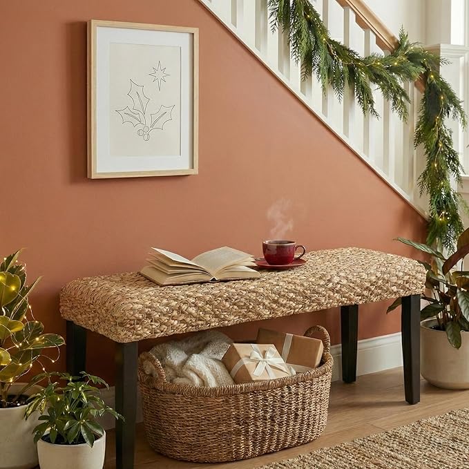 Solid Wood Acacia Indoor Bench with Natural Woven Seat, Boho Bench Entryway, Wood Bench for Living Room, Dining Benches, Wooden Bench for Bedroom, Entryway (Black Leg, Water Hyacinth)