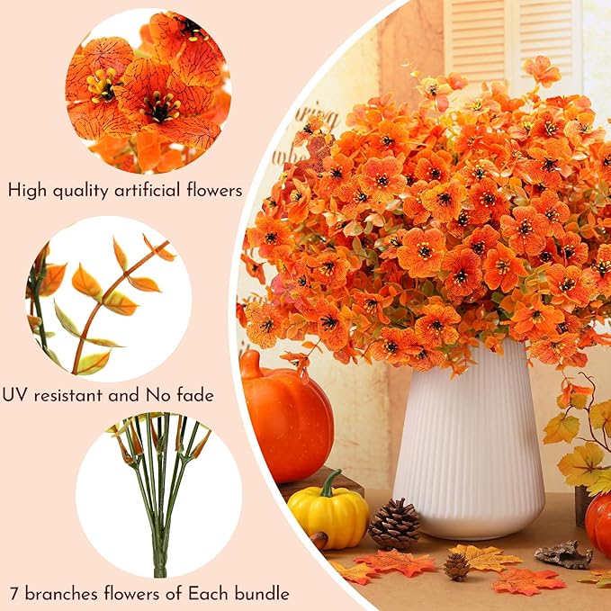 16 Bundles Artificial Fall Fake Mums for Outdoor, Autumn Faux Mums Flowers UV Resistant Plastic Greenery Garden Porch Patio Fall Thanksgiving Home Decor