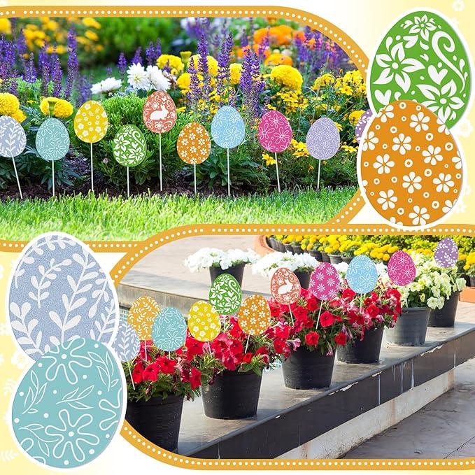 12 Pcs Colorful Easter Eggs Yard Signs with Stakes, Double Sided Easter Yard Stakes for Planter, Waterproof Cute Outdoor Decorations for Garden Lawn Patio Church Party Favor