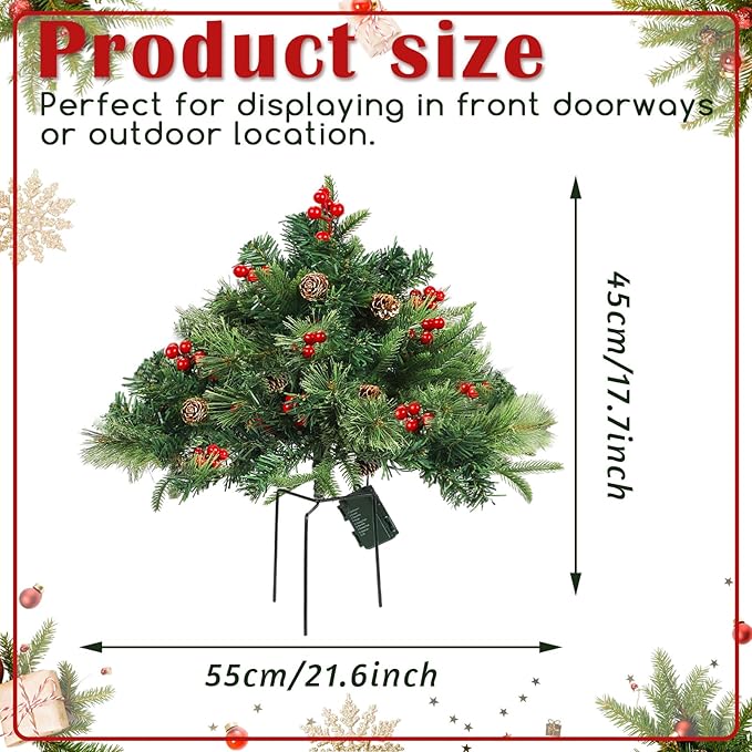 Tigeen 2 Pcs 22 Inch Timer Prelit Christmas Urn Filler, Outdoor Planter Pots Filler Prelit Xmas Pine Trees with Cones and Red Berries 50 Warm White LED with 8 Light Modes for Yard Porch Decor(Classic)
