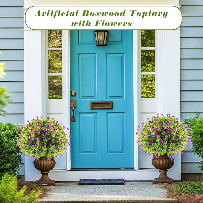 Yunlly 6 Pcs Outdoor Artificial Topiary Ball Trees 22" with Colorful Flowers, Boxwood Fake Bushes Shrubs with Spike, UV Resistant Evergreen Plants for Front Porch Garden Decor (Purple)