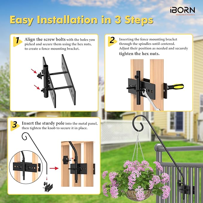 iBorn Fence Deck Hook Rail Hook Heavy Duty Bird Feeder Pole 13 Inch Solid Wire Deck Hanger Suitable for Hanging Flower Baskets Wind Chimes Planters Bird Feeders Lights, 180 Degree Swivel, 2 Pack
