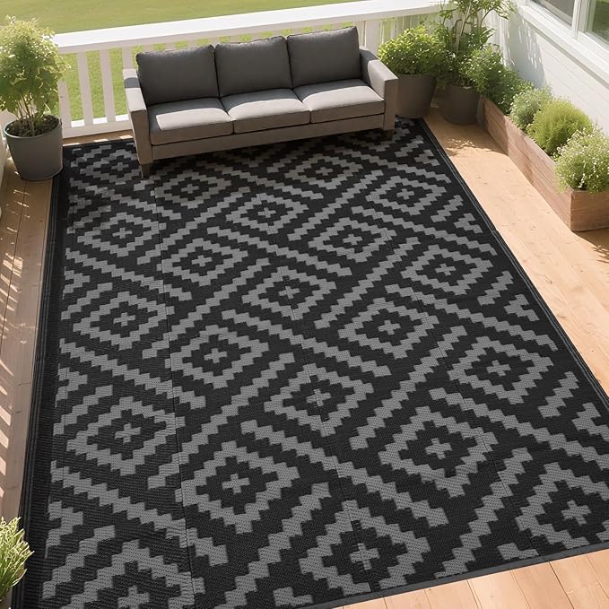 RURALITY Outdoor Rugs 6x9 Feet for Patios Clearance,Plastic Straw Waterproof Mats for Backyard,Porch,Deck,Balcony,Black&Deep Grey