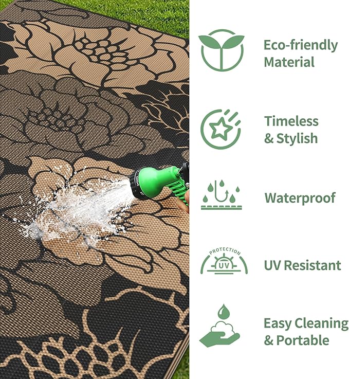 GENIMO Outdoor Rug Waterproof for Patio Decor, 5' x 8' Reversible Plastic Straw Floral Camping Carpet, Large Area Rugs Mats for RV, Camper, Deck, Balcony, Porch, Beach, Picnic, Mix-Black & Brown
