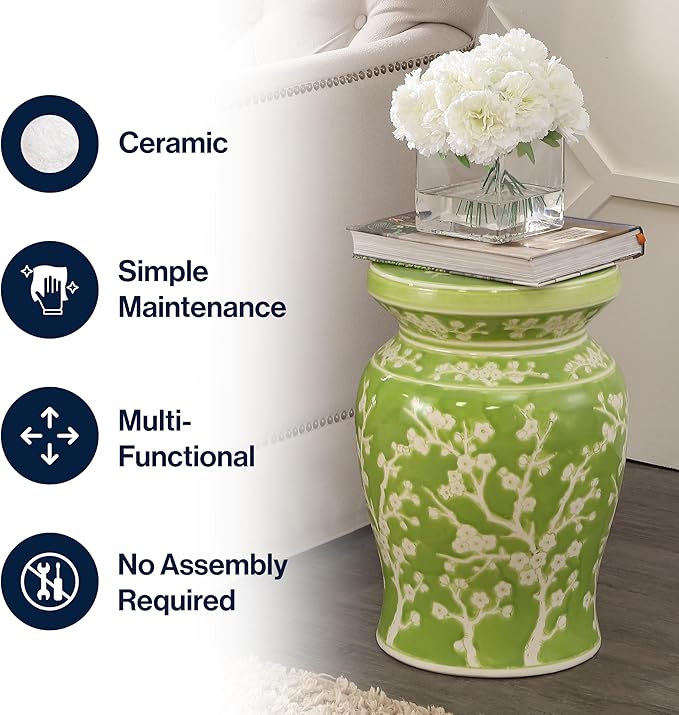 JONATHAN Y TBL1017C Cherry Blossom 17.75" Ceramic Indoor/Outdoor Garden Stool Coastal, Contemporary, Transitional, Patio, Garden Room, Bathroom, Living Room, Green/White