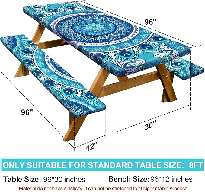 Picnic Table Cover with Bench Covers Camping Essentials Waterproof Windproof Camping Tablecloth with Drawstring Bag, Fitted Rectangle Tables and Seats, 96in, Air Superiority Blue