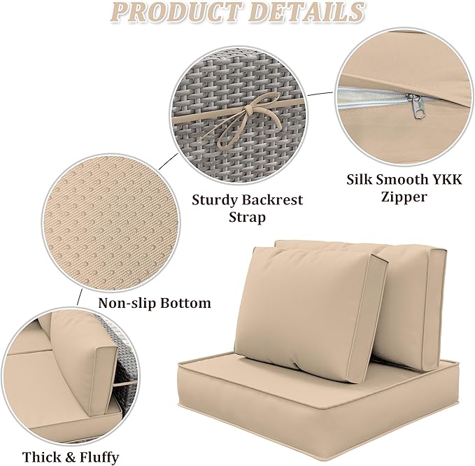 14-Piece Outdoor Cushions for Patio Furniture Thick Outdoor Chair Cushions 5" Foam High-Density Water-Resistant Deep Seat Cushion for 6-Seat Sectional Sets Liner&Cover Sand