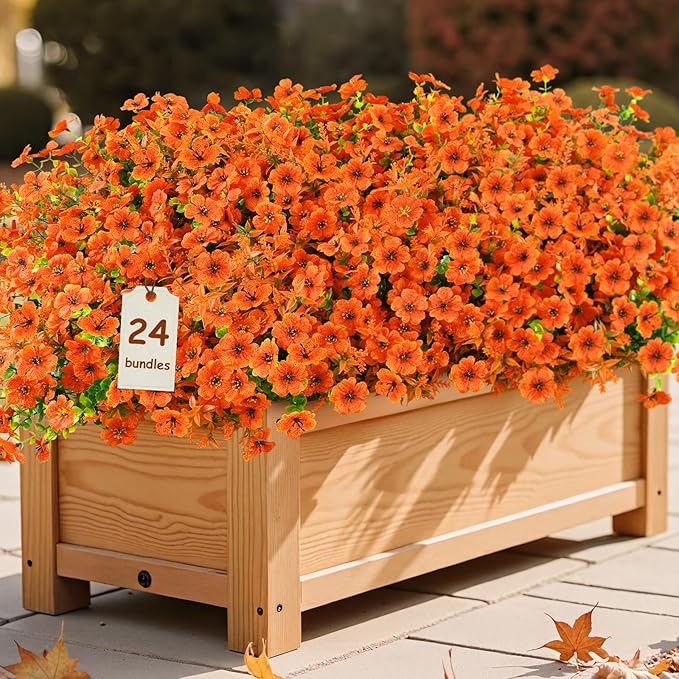 SHareconn 24 Bundles Artificial Flowers for Outdoors Decoration, Faux Plants Fake Silk Colorful Daisy Eucalyptus Lavender, UV Resistant for Outside Home Porch Patio Indoor Spring Decor, Orange