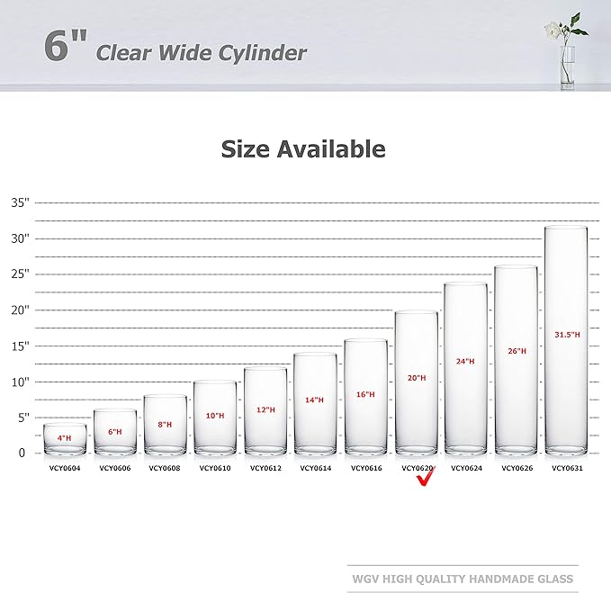 WGV Cylinder Vase Bulk, Width 6", Height 20", Clear Glass Container Terrarium Candle Holder for Wedding Centerpiece, Party Event, Home Office Decor, 6 Pieces