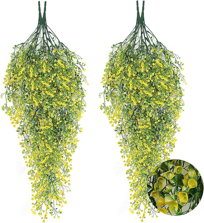 RECUTMS Artificial Hanging Vines 4 Pcs Fake Hanging Plants Faux Plastic Vines Leaves Wall Hanging Flowers for Spring Indoor Outdoor Home Bedroom Apartment Decoration(Yellow)