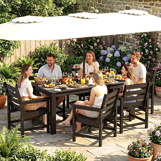 Outdoor HDPE Dining Table, All-Weather Outdoor Table with Umbrella Hole Cut-Out, Patio Furniture for Garden, Backyard, Deck (Black)