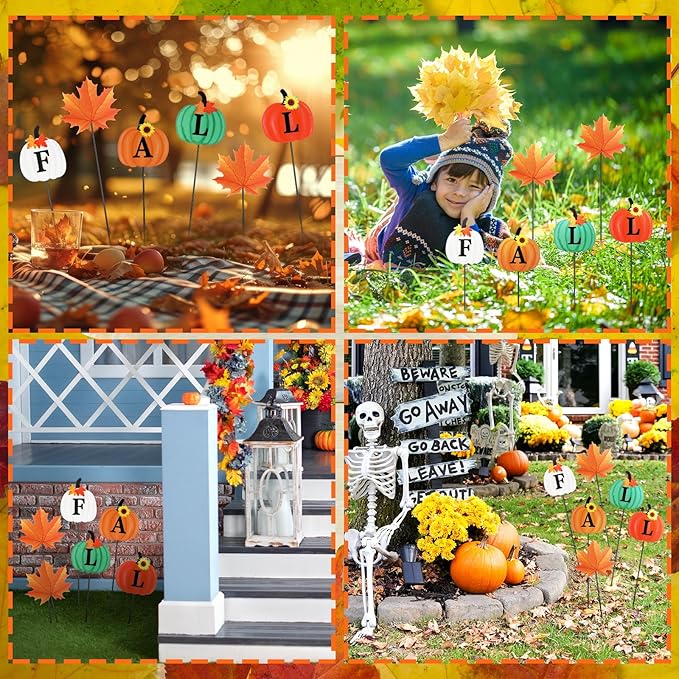 6 Pcs 12'' Thanksgiving Garden Stakes Pumpkin Scarecrow Maple Leaves Fall Metal Yard Sign Yard Stakes Outdoor Thanksgiving Decorations for Planter Lawn Patio Walkway Porch(Classic Style)