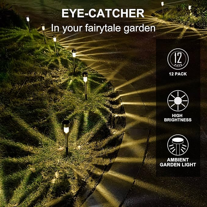 Solar Lights Outdoor Waterproof, Stainless Steel LED Landscape Lighting, Solar Garden Lights, Outdoor Valentines Day Decorations for Yard, Pathway, Walkway, Patio, Lawn - 12 Pack(Warm White)