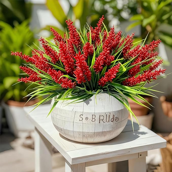 Geegoods Artificial Plants Flowers Outdoor – 48 Bundles UV Resistant Faux Lavender Flowers with Monkey Grass for Garden Porch Window Patio Hanging Planter Decor