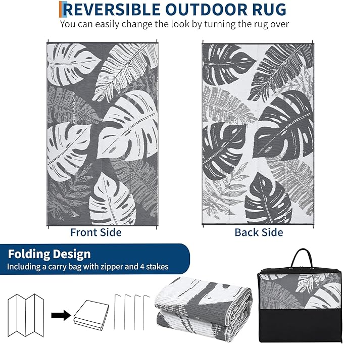 Patio Modern Leaf Print Outdoor Rug 10x14 Waterproof Large Reversible Camping Mat Foldable Lightweight Plastic Straw Outdoor Rug for Deck, Porch, Camper, Balcony, Beach, Rv，Grey/White