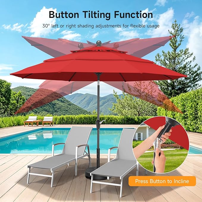 ONBRILL 10 FT Patio Umbrella, 3 Tier Outdoor Table Umbrella with 8 Sturdy Glass Fiber Ribs and Push Button Tilt, Outdoor Patio Umbrellas for Market Pool Garden Backyard, 1.5" Pole, Red (No Base)