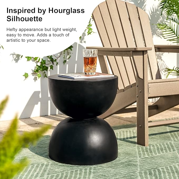 Glitzhome Outdoor Side Table, Round Accent End Table, Lightweight Hourglass Faux Terrazzo Decorative Garden Stool, 17.75" H Black Planter Stand for Patio Porch Balcony Living Room