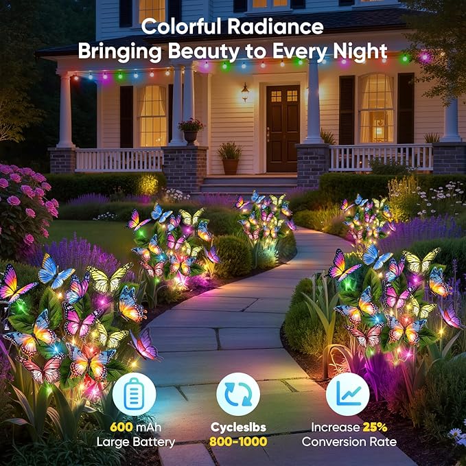 Solar Lights Outdoor Garden Decor: Gardening Gifts for Women Mom - 2 Pack 34 Butterfly Solar Lights with Colorful Bulbs - Outside Waterproof Christmas Decorations for Yard Patio Pathway Porch Lawn