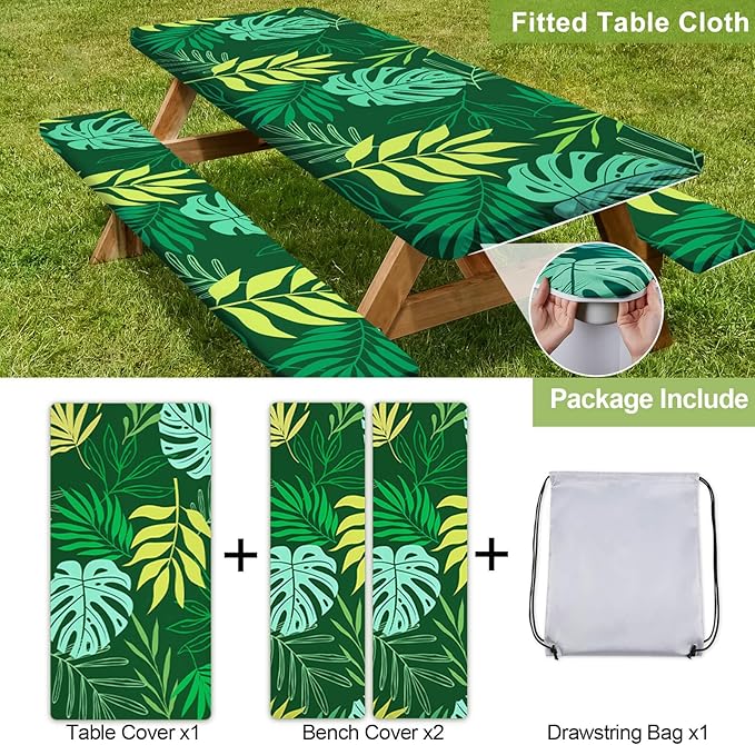 Picnic Table Cover with Bench Covers Camping Essentials Waterproof Windproof Camping Tablecloth with Drawstring Bag, Fitted Rectangle Tables and Seats, 60in, Dark Green