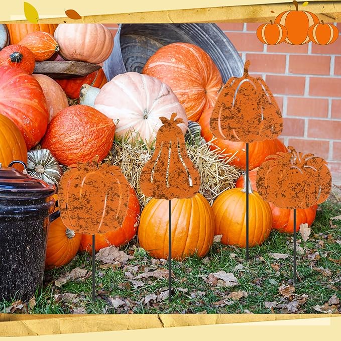Chunful 4 Pcs Thanksgiving Decorative Garden Stakes Vintage Pumpkin Yard Stakes for Flower Planter Pot Fall Outdoor Rustic Metal Yard Sign Thanksgiving Decorations Autumn Harvest Halloween Patio Lawn
