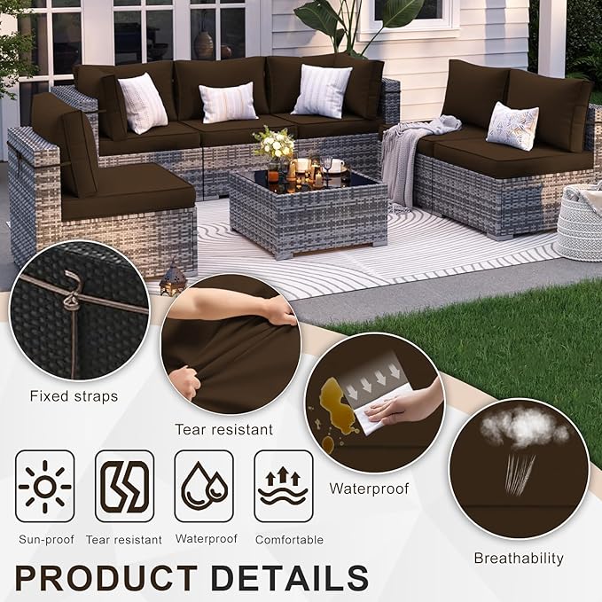 Patio Sectional Cushions, 14-Piece Replacement Cushions for Outdoor Furniture, Water-Resistant Outdoor Sofa Cushion for 6-Seat Rattan Wicker Sectional Conversation Sets (Coffee)