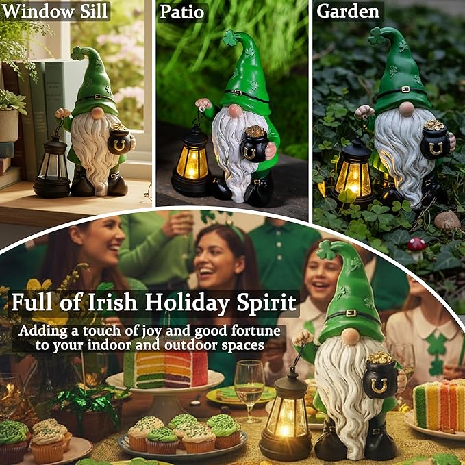St. Patrick's Day Gnome for Outdoor Decor, Resin Garden Gnome Holding Lantern with Solar Lights, 4.7 * 3 * 6.7inch Solar Garden Statues for Outside, Leprechaun Figurine for Patio, Yard, Lawn