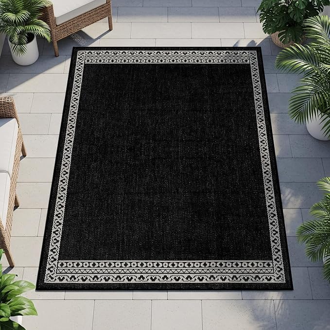 Washable Outdoor Rug 8x10 Modern Area Rugs Outdoor Carpets Bordered Pattern Non Shedding Waterproof Easy Clean Patio Deck Porch Living Room Bedroom Garden RV (8 X 10 Black)