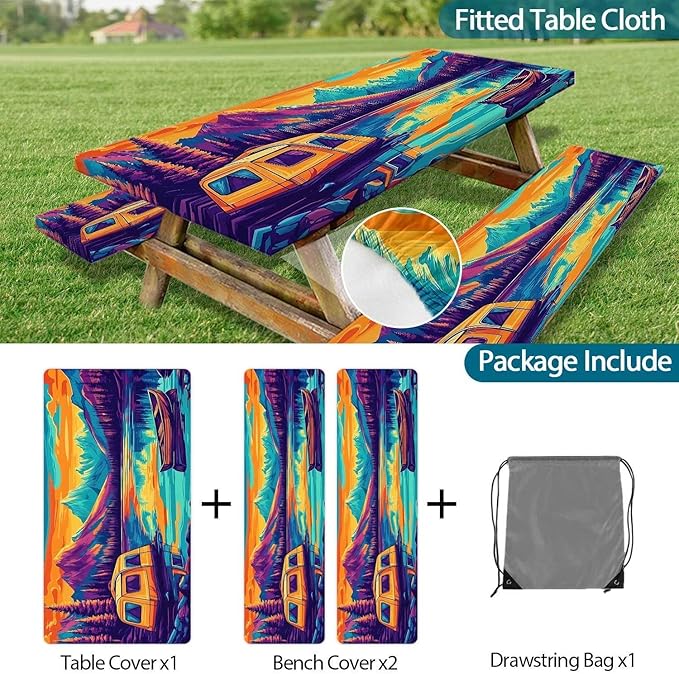 3PCS Picnic Table Cover with Bench Cover Forest Landscape Tent Boat Pattern Camping Tablecloth Fitted Picnic Table Cover with Elastic Windproof Waterproof, Outdoor & Garden Camping Accessories 60IN