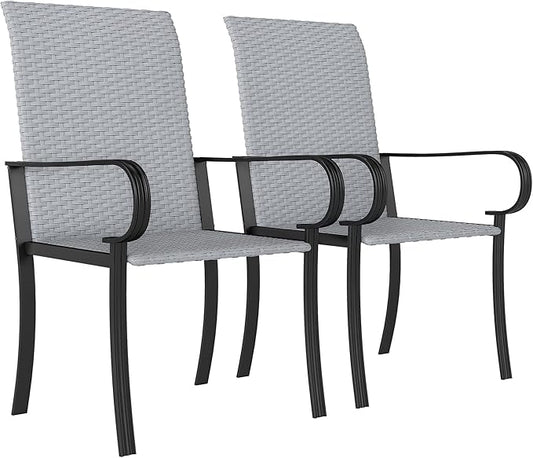Outsunny Set of 2 Outdoor Wicker Dining Chairs, All-Weather Rattan Armchairs with Armrests, Steel Frame, High Back and Deep Seating, for Garden, Patio, Deck, Yard, Poolside, Gray