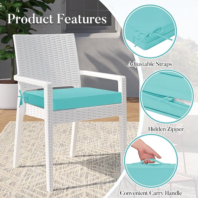 Basic Beyond Outdoor Chair Cushions for Patio Furniture, Waterproof Outdoor Seat Cushions Set of 4 18 x 18, Patio Chair Cushions Set of 4 with Ties and Handle, Teal