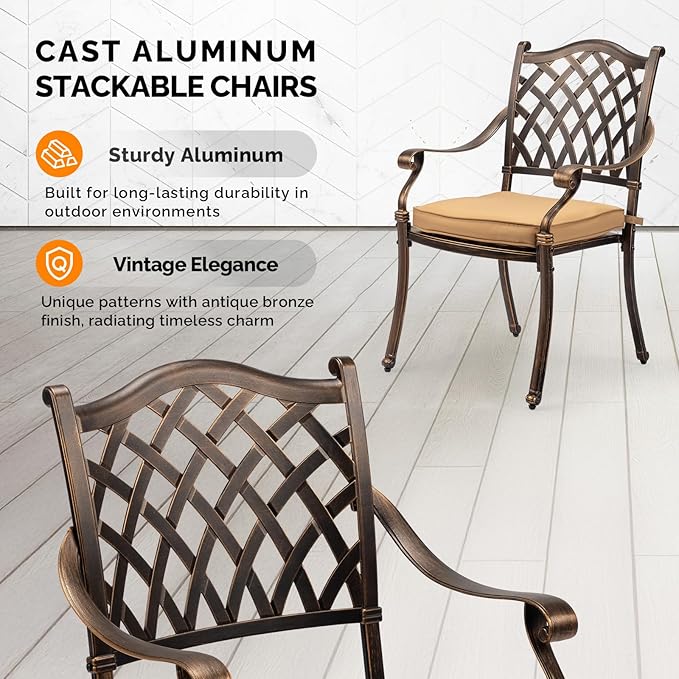 VINGLI Patio Chairs Set of 2 - Stackable Outdoor Cast Aluminum Dining Chairs with Vintage Bronze Finish and Diamond Pattern, Metal Armchairs for Poolside, Backyard, Balcony (with Cushion)