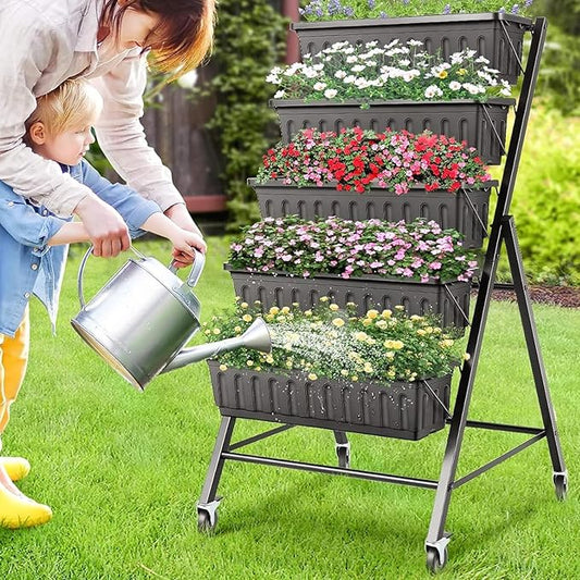 Suyncll Vertical Raised Garden Bed Planter Box, 5 Tiers Vertical Garden Planter with Drainage System and 4 Hooks for Plants Vegetables Flowers (Black with Wheels)