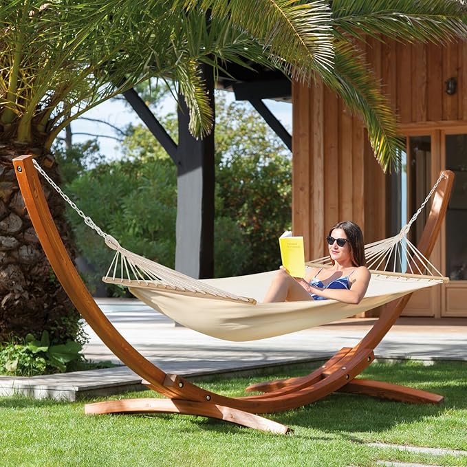 ECOTOUGE 14 FT Hammock with Stand for Outside, 2 Person Heavy Duty Wooden Hammock Stand, Large Hammock Bed for Porch, Patio, Balcony, Garden, Backyard, White-Yellow