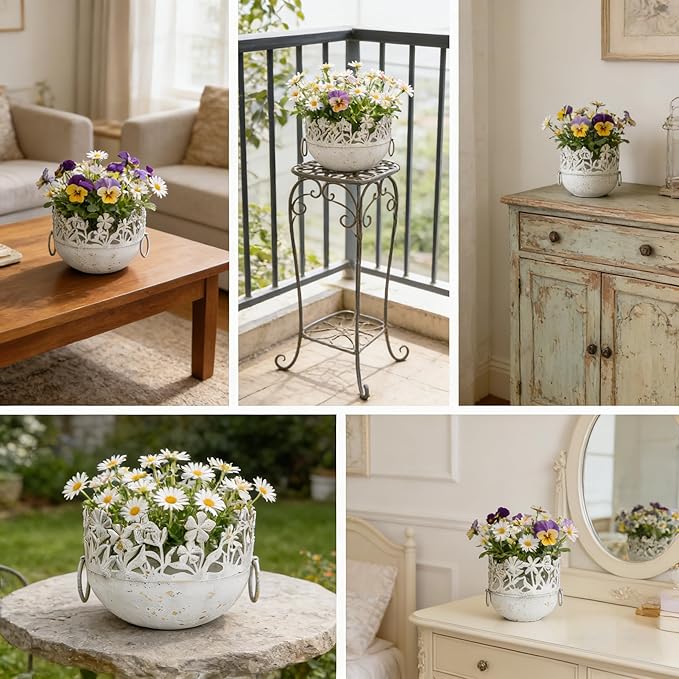 3-Piece Vintage Metal Floral Cutout Planter Set, Rustic Garden Flower Pots for Indoor Outdoor Decor, Distressed Bronze Planters with Handles
