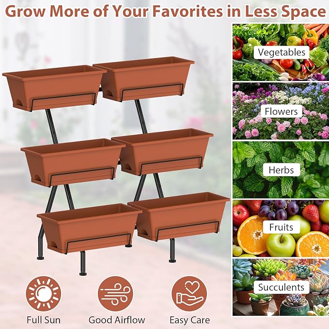 Sunexinlo 3-Tier Vertical Garden Planter with 6 Boxes, 31" Tall Raised Garden Bed with Adjustable Feet for Herbs, Flowers, Vegetables, Ideal for Indoor, Outdoor, Patio, Balcony, Deck Use, Brick Red