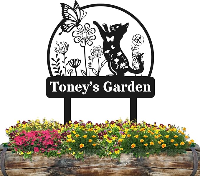 Personalized Metal Garden Sign, Custom Playing Cat Decor with Stake, Butterfly Metal Yard Art, Garden Name Sign,Outdoor Decor,Patio Decoration,Home Present,Gardeners & Planters Gift
