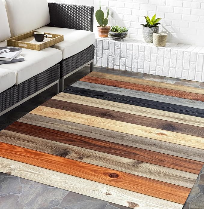 Waterproof Brown Khaki Natural Wood Plank Texture Outdoor Rug 9x12 Rustic Wooden Board Outdoor Area Rug for Patio Deck Garden Balcony Backyard Camping Non Slip Low Pile Outside Carpet Floor Covers