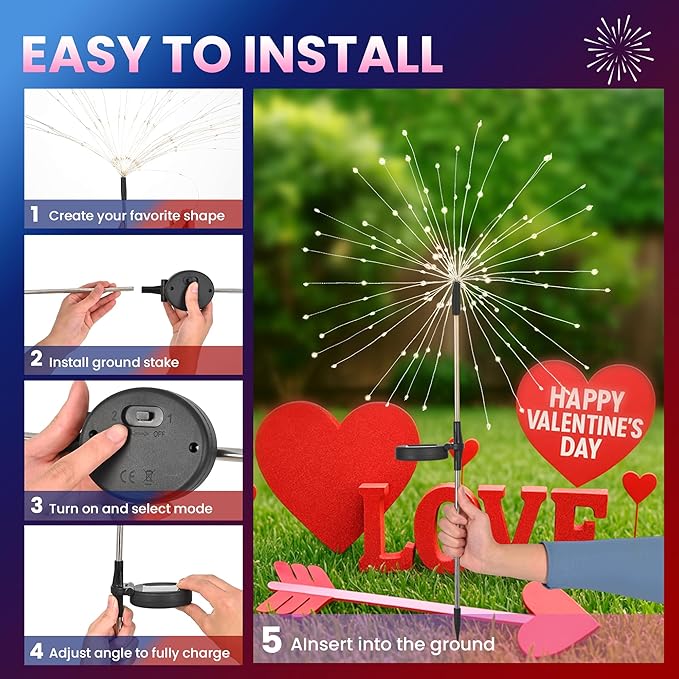 6 Pack Valentine's Day Solar Lights Outdoor, Solar Garden Lights Outside Fairy Firework Decorative,Solar Powered for Wedding,Yard Pathway Party Balcony Patio Decor (Red, White, Pink)