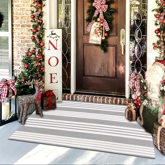 OJIA Front Door Rug 24''x51'' Gray and White Striped Outdoor Rug Machine Washable Porch Rug Front Door Mat Outdoor Indoor Area Rugs Cotton Woven Entry Mat for Home Entrance/Farmhouse Decor