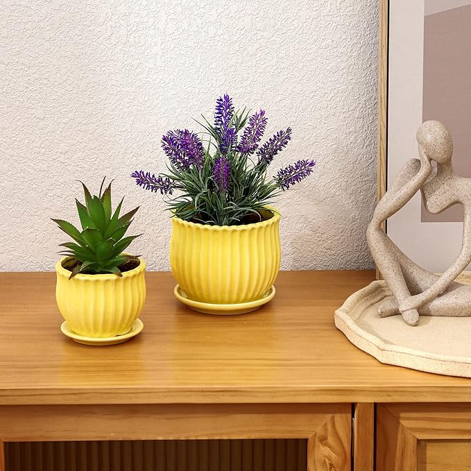 Yellow Ceramic Flower Pots with Saucers, Modern Round Ceramic Succulent Plant Pots with Stripe Texture, Small to Medium Sized, Set of 3