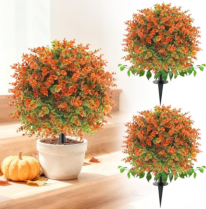 28" Artificial Fall Flower Bushes with Ground Stakes – Artificial Topiary Tree with Eucalyptus Orange Faux Floral Plants with Autumn Leaves for Outdoor Thanksgiving, Garden, Pathway, Porch Décor